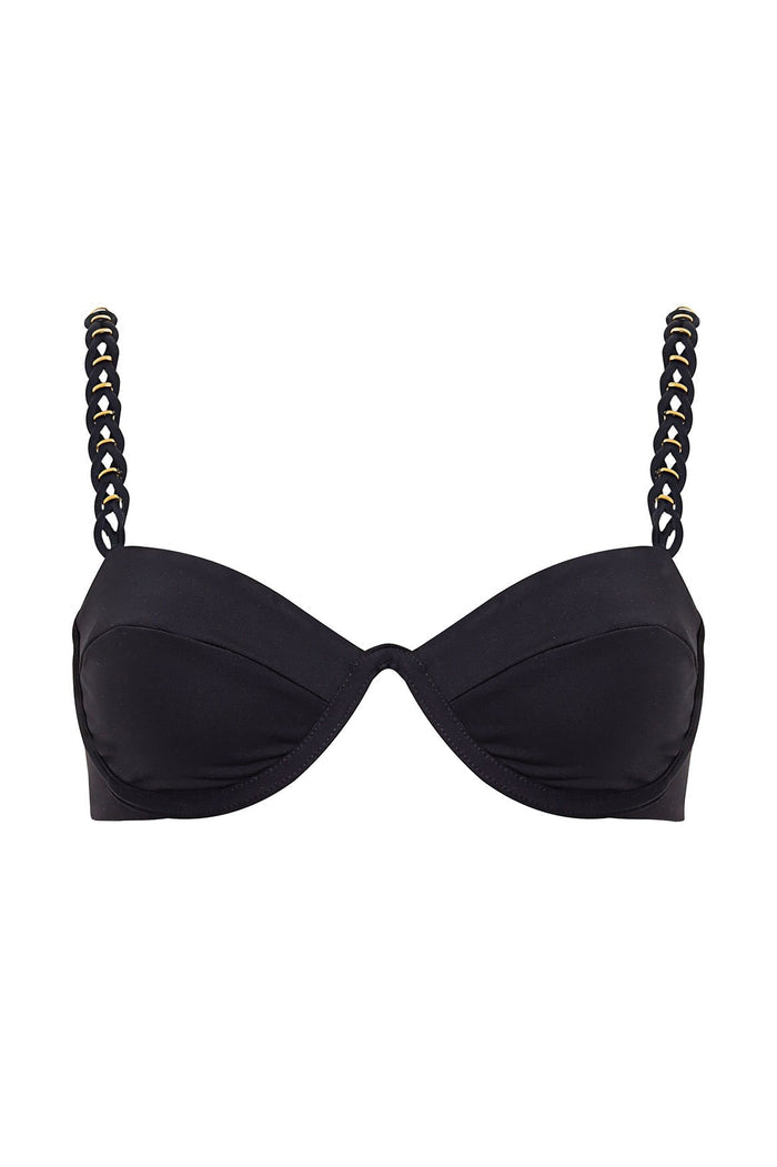 Black bikini top with underwire cups and braided chain-link straps with gold hardware