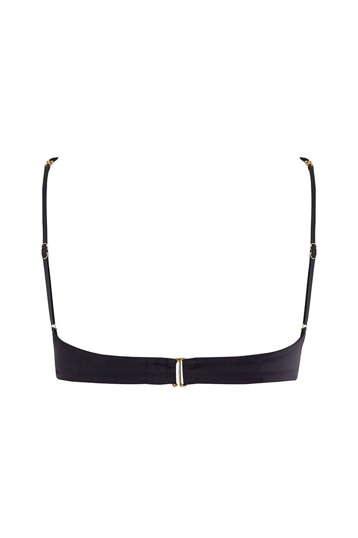 Black bikini top with adjustable braided straps and gold hardware clasp, back view