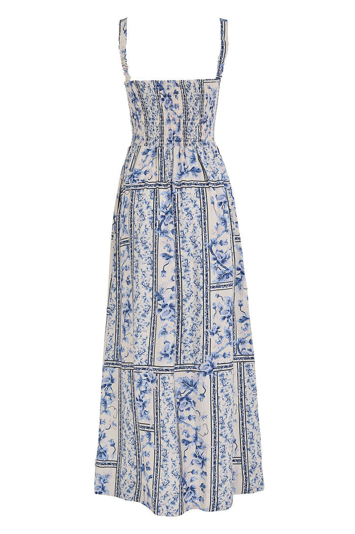 Nader Marcia Dress in white with blue vertical stripe panels and pattern detail print, smocked bodice with adjustable straps