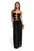 Black Nader Meeg maxi dress with ruched cutout bodice featuring gold sun hardware appliqués and sheer pleated skirt