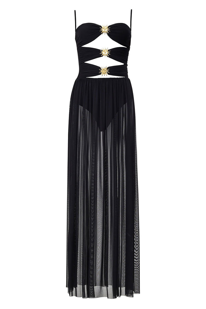 Black maxi dress with cutout bodice, gold sun-shaped hardware accents, and sheer mesh skirt overlay
