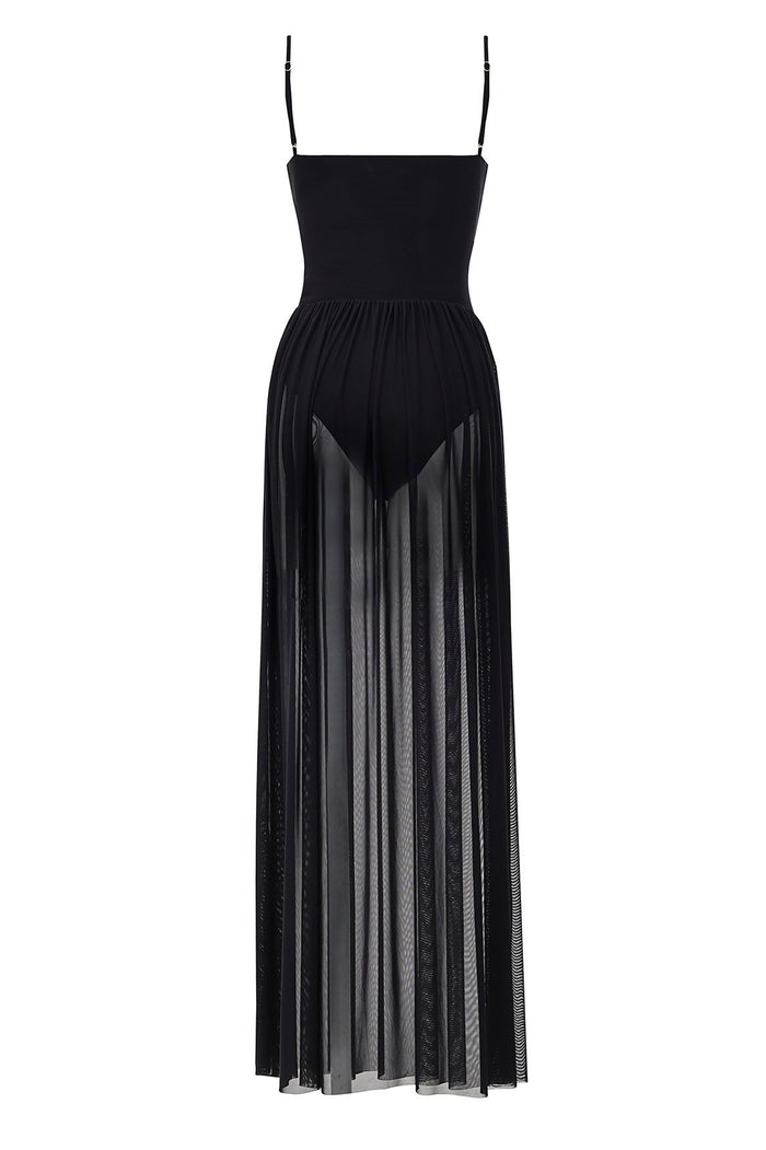 Black maxi dress with adjustable straps, fitted bodice, and sheer pleated skirt overlay