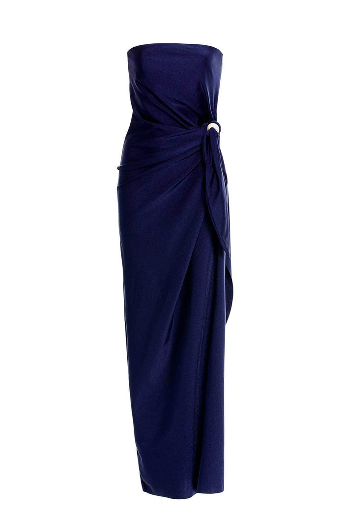 Navy blue strapless maxi dress with side knot detail and white marble-like stone accent