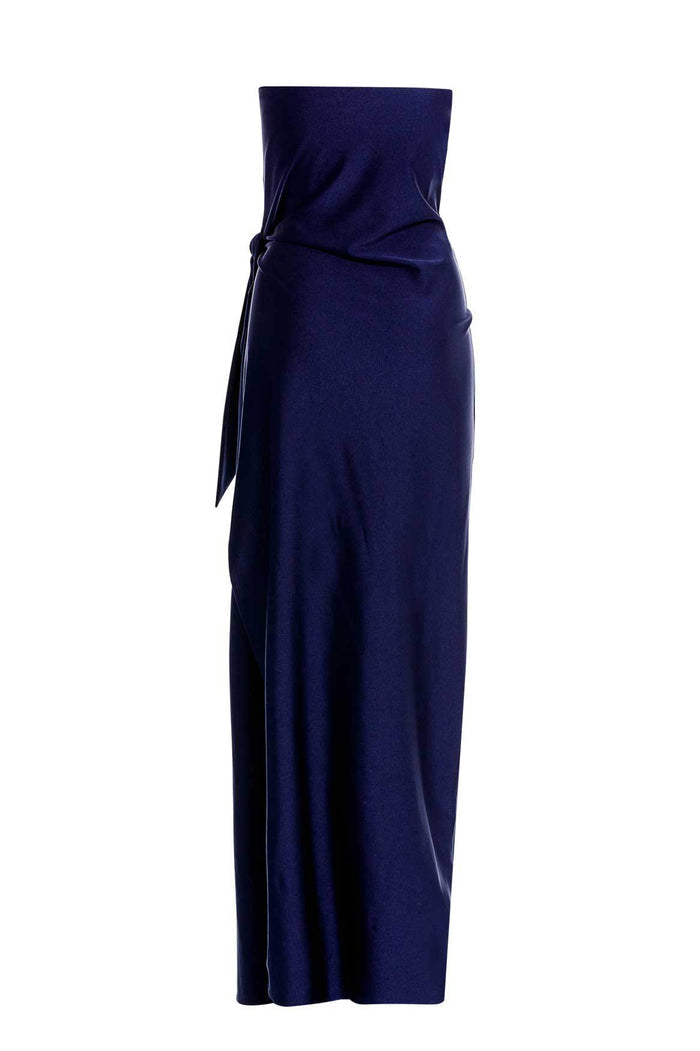 Navy strapless maxi dress with side knot detail and statement stone accent