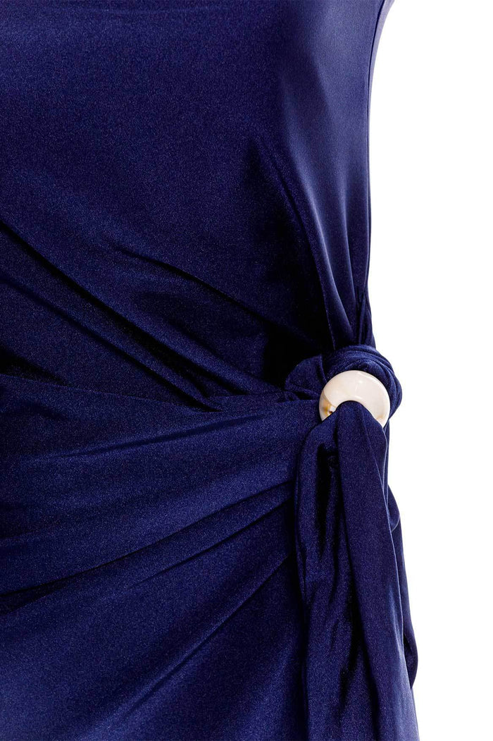 Navy blue velvet maxi dress with gathered side knot detail and gold crescent stone accent