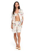 Cream linen shirt with pink and blue floral print and lace trim on sleeves