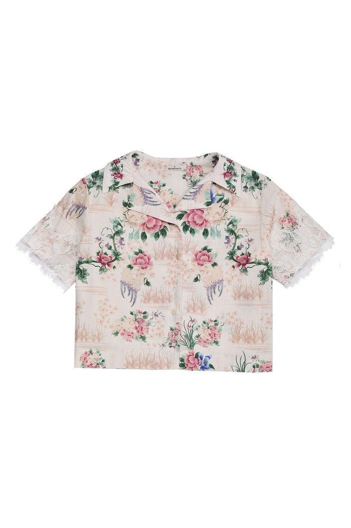Nader Prim Shirt in ivory with pink floral print, green foliage, and white lace sleeves