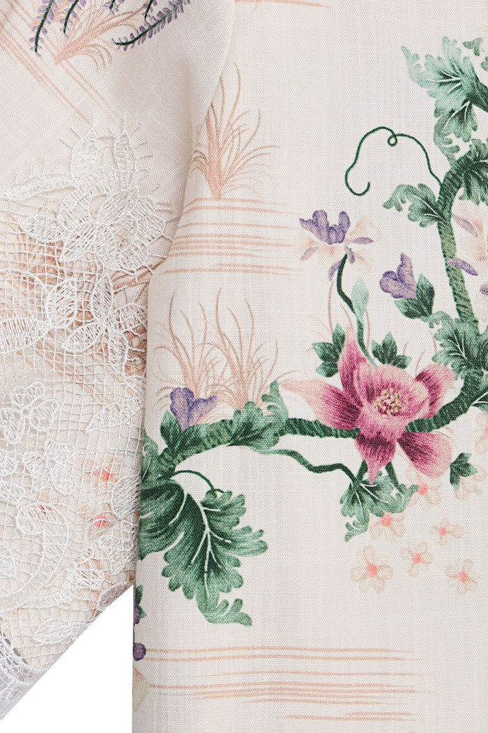 Nader Prim Shirt in cream with placement floral print, green leaves, pink blooms, and lace sleeve detail