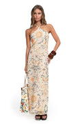 Cream halter maxi dress with celestial sun, pattern detail, and botanical print on lace fabric