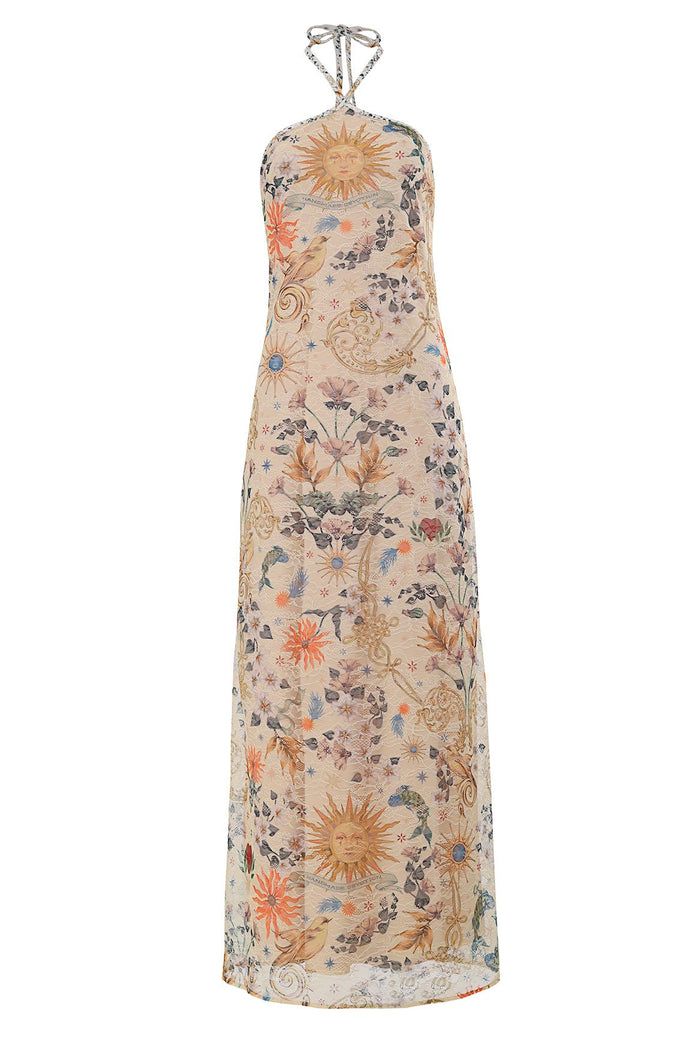 Nader Sari halter maxi dress in beige lace with all-over celestial sun and pattern detail print, sheer overlay with lining