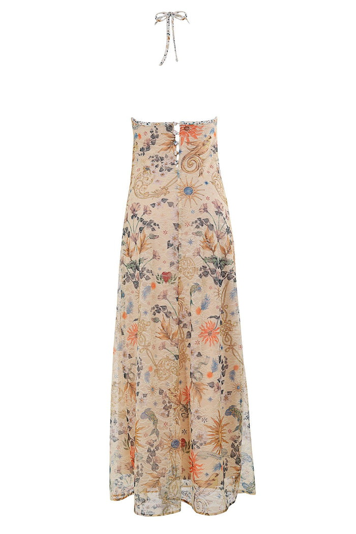 Halter maxi dress in beige lace fabric with all-over pattern detail and sun print in coral, gold, and blue tones
