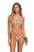 Nader Selena bikini top in multicolor print with cream fan-shaped florals, turquoise and rust curved bands, and wide straps