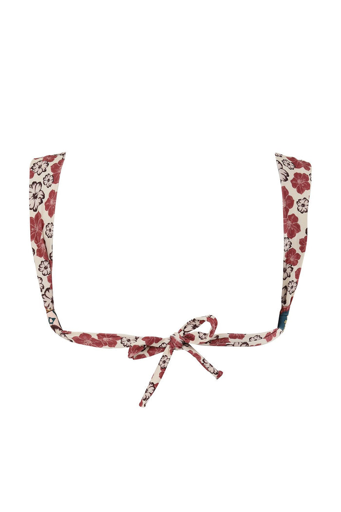 Nader Selena bikini top in cream with red and black pattern detail print, adjustable tie straps