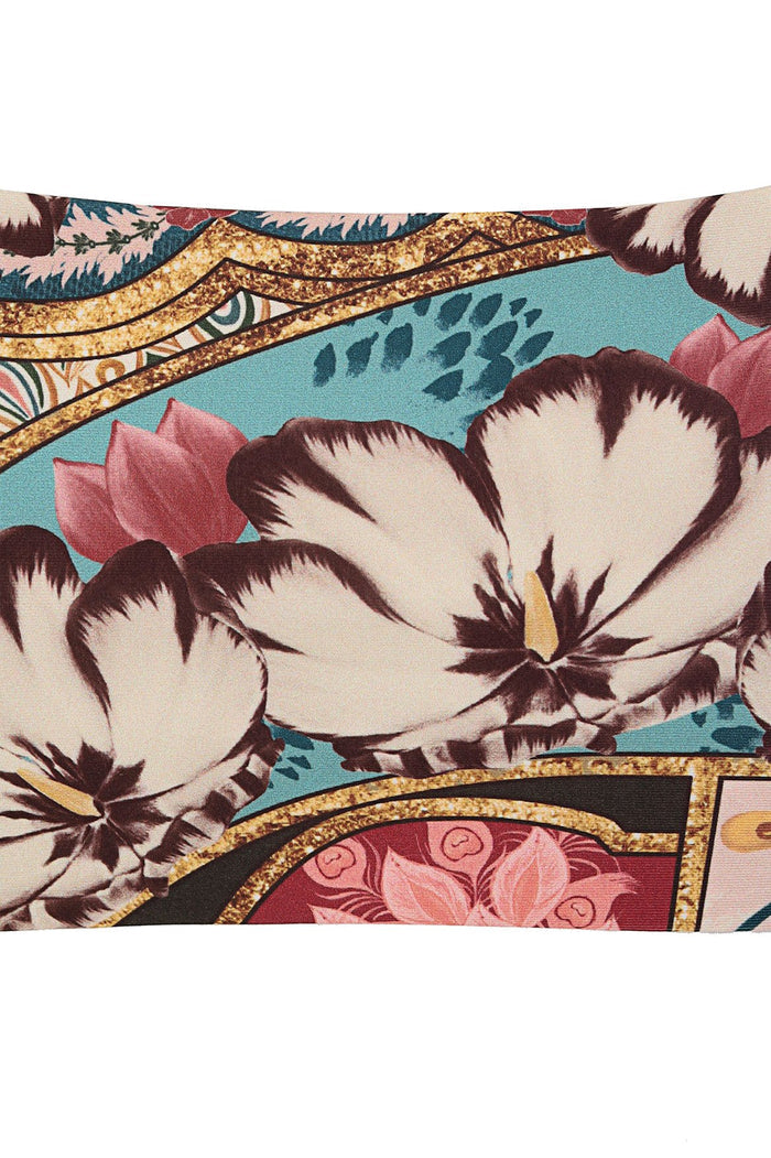 Nader Selena bikini top with turquoise background, white hibiscus flowers with brown outlines, pink lotus blooms, and gold ornamental branches