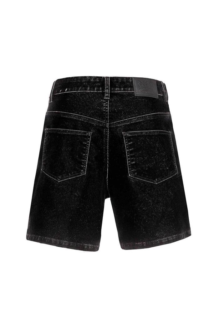 Black denim shorts with contrast stitching and back pockets, rear view