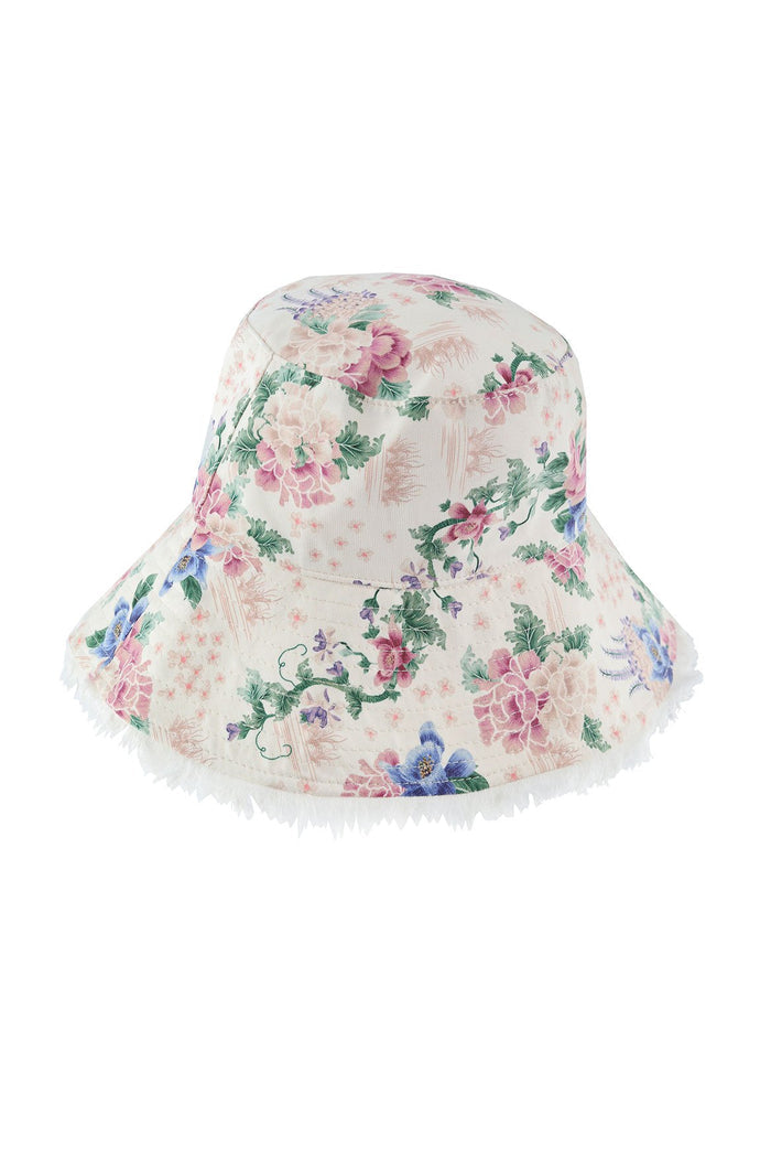 Nader Shinny Bucket Hat in cream with pink, blue and green pattern detail print and frayed brim