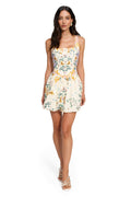 Cream mini dress with square neckline and botanical pattern detail print in yellow, green, and pink tones