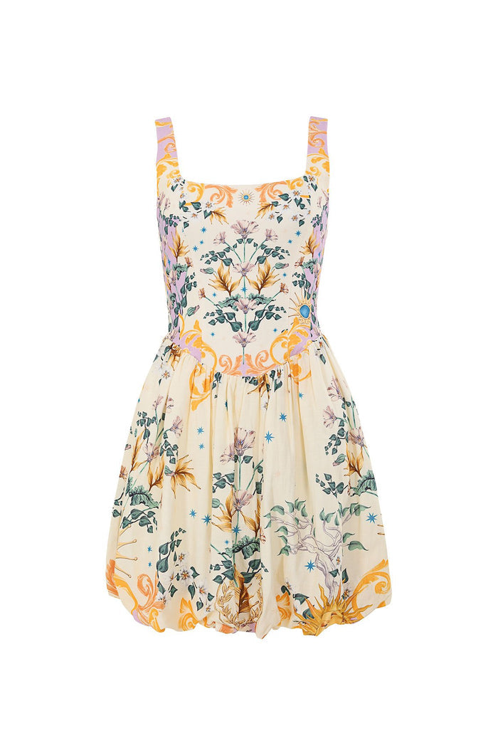 Cream short dress with square neckline, fitted bodice, and gathered skirt featuring botanical print with yellow and green foliage, purple accents, an…