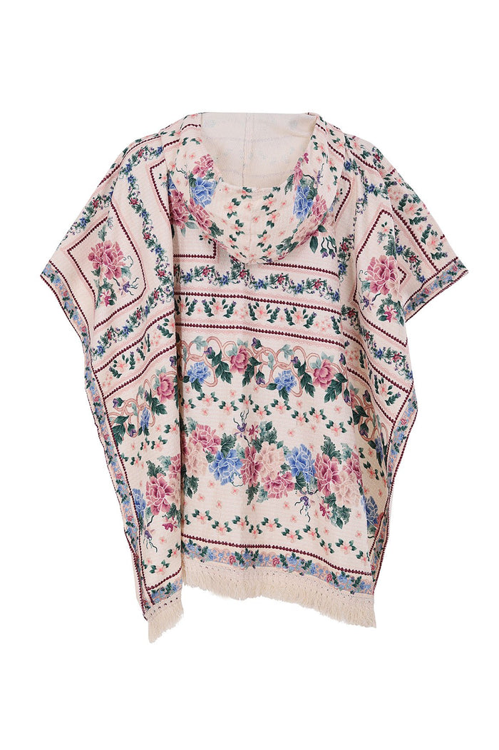 Nader Susy Kids' Poncho Towel in blush pink terry with pattern detail print, hood, and fringe hem detail