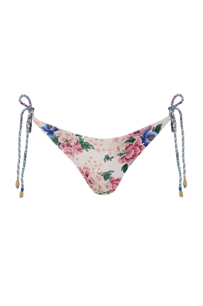 Nader Tammy bikini bottom in blush pink with pink and blue pattern detail print and braided multicolor side ties