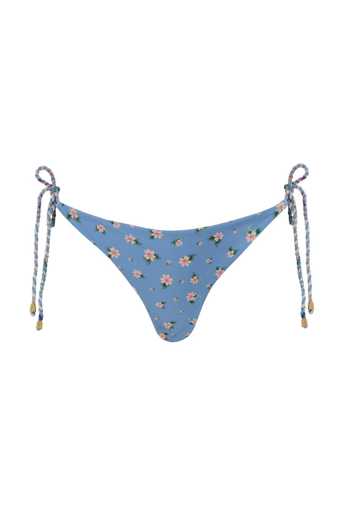 Blue bikini bottom with pink pattern detail print and braided side ties with gold-tone beads