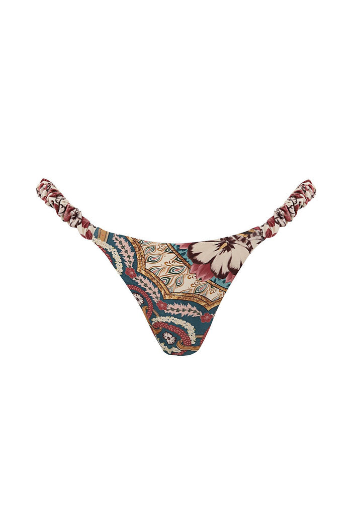 Terra bikini bottom with ruffle side straps, featuring multicolor placement print combining paisley, geometric patterns, and pattern detail elements