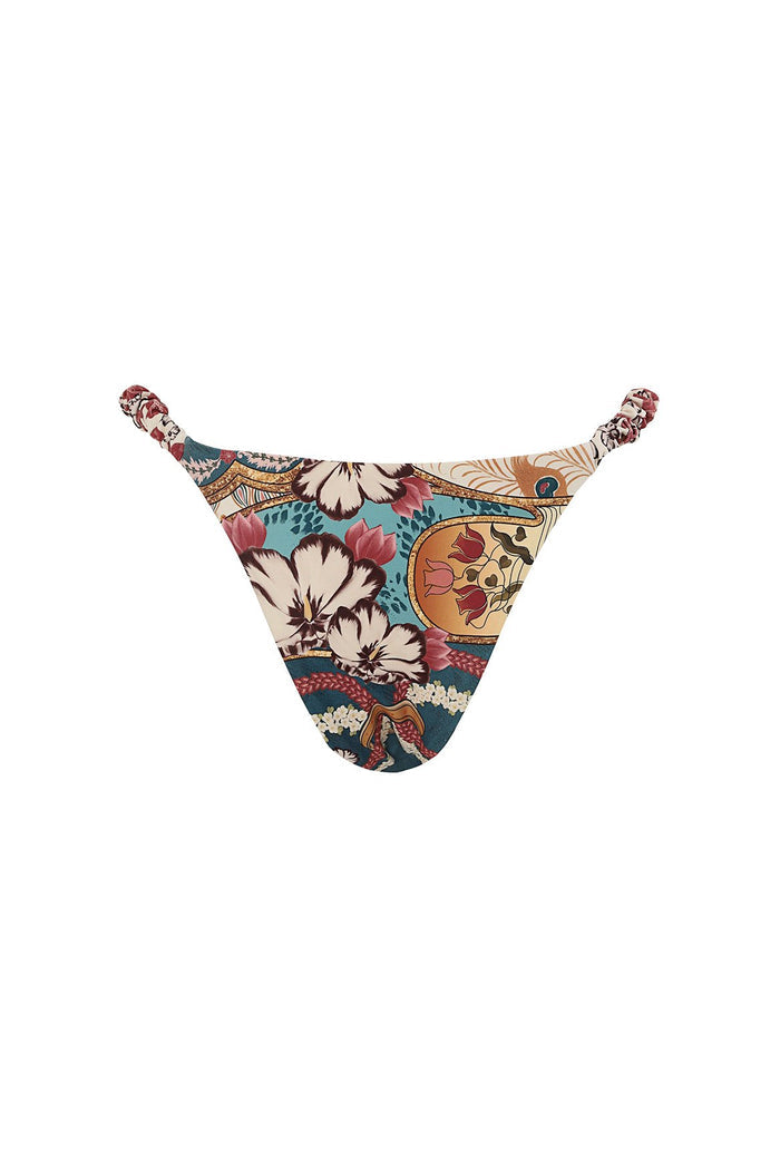 Nader Terra bikini bottom with multicolored pattern detail print featuring cream blooms, pink petals, and decorative medallions on teal background wi…