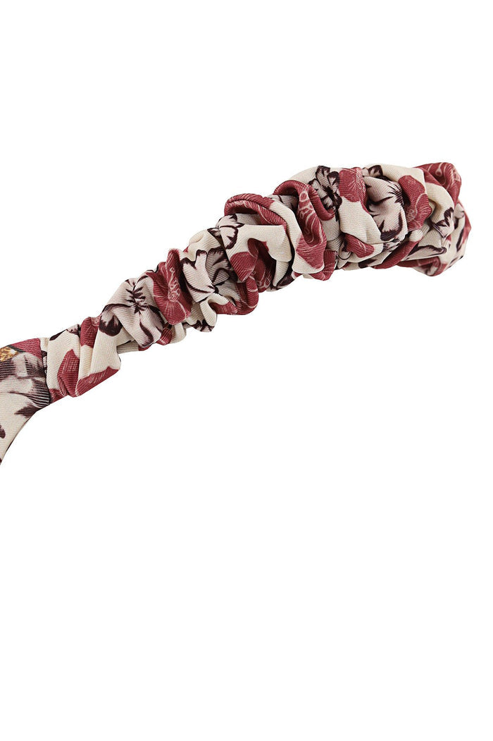 Ruched fabric headband in cream with burgundy and taupe pattern detail print