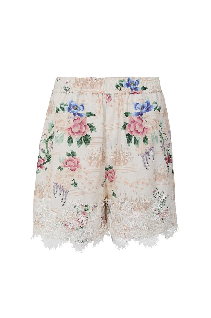 Nader Watts Shorts in cream with pink and blue floral print and scalloped lace trim hem