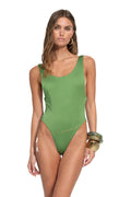 Green one-piece swimsuit with scoop neckline, ring side details, and high-cut leg openings