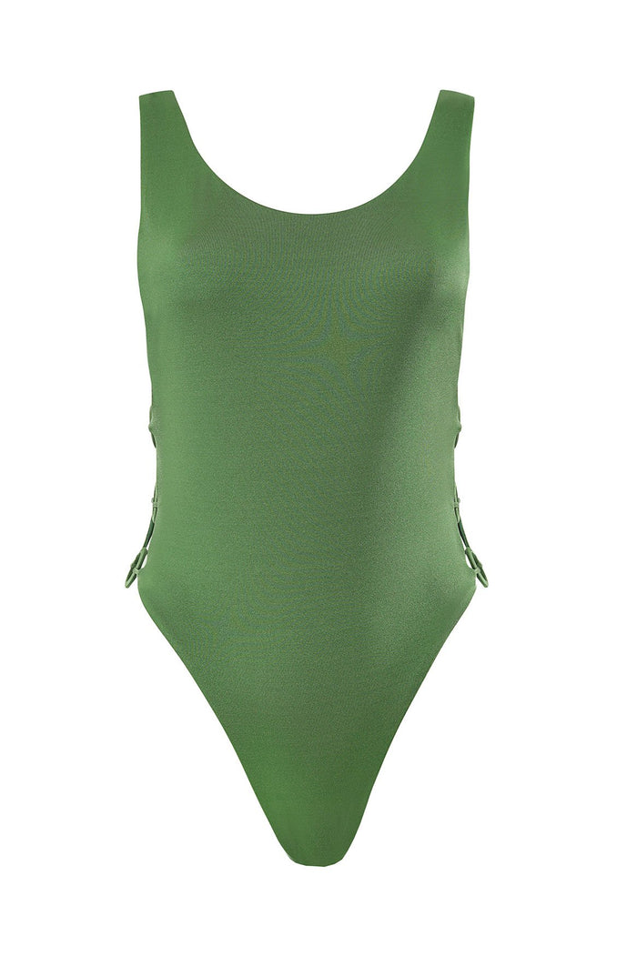Green one-piece swimsuit with scoop neckline, ring details at sides, and low-cut back