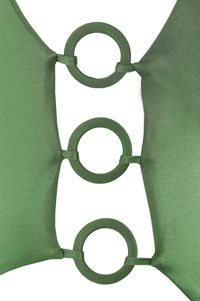 Green one piece swimsuit with ring cut-out details along sides and low back