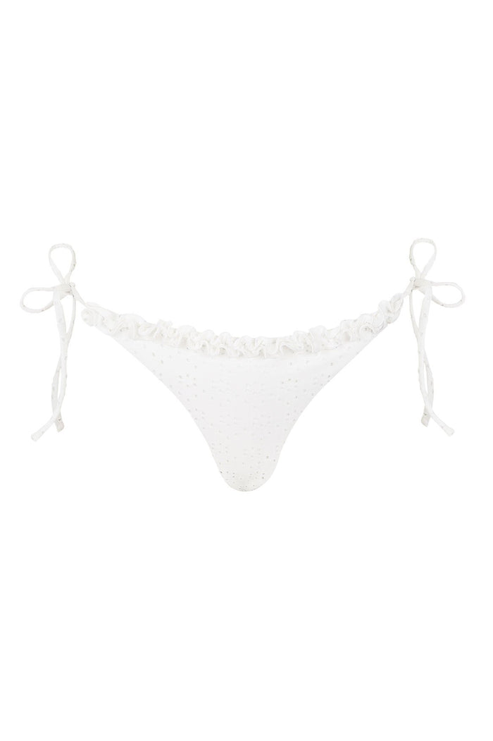 White eyelet bikini bottom with ruched waistband and adjustable side ties