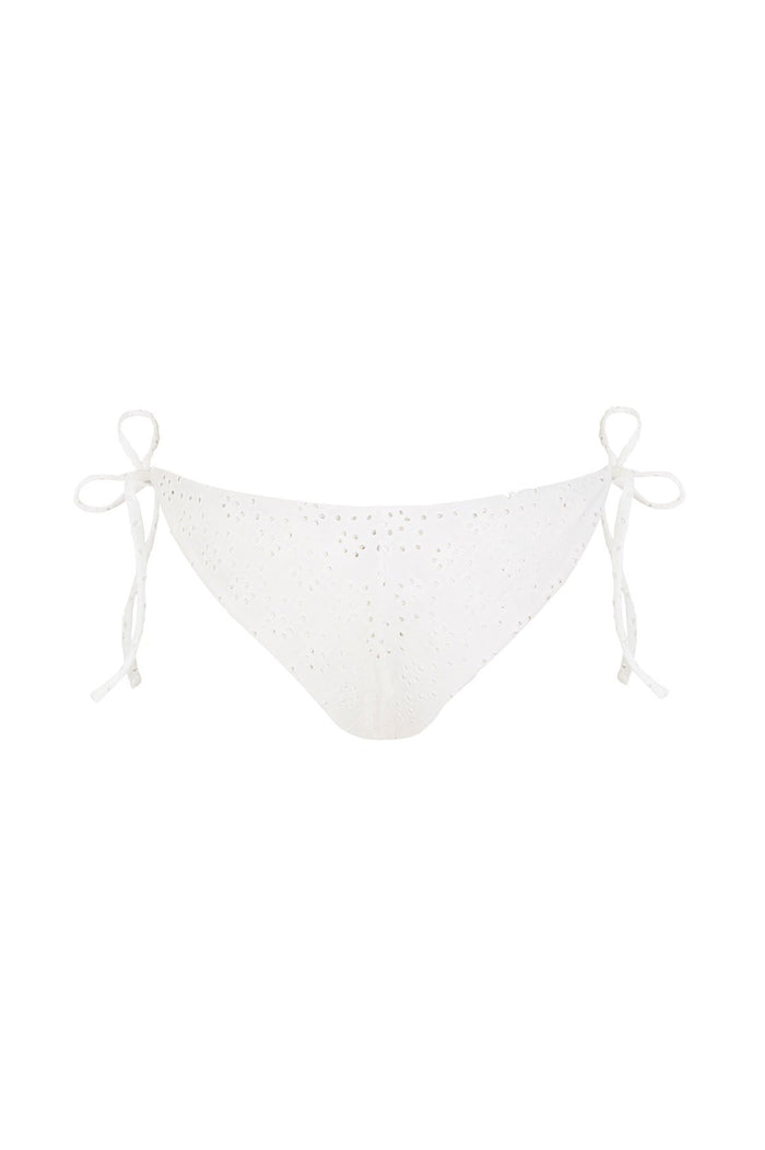 White eyelet bikini bottom with adjustable side ties and ruched trim detail