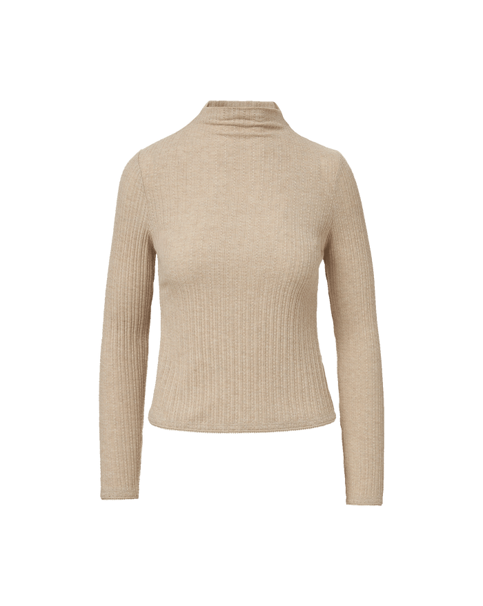 Veronica Beard Beige ribbed knit high-neck long sleeve cropped top.