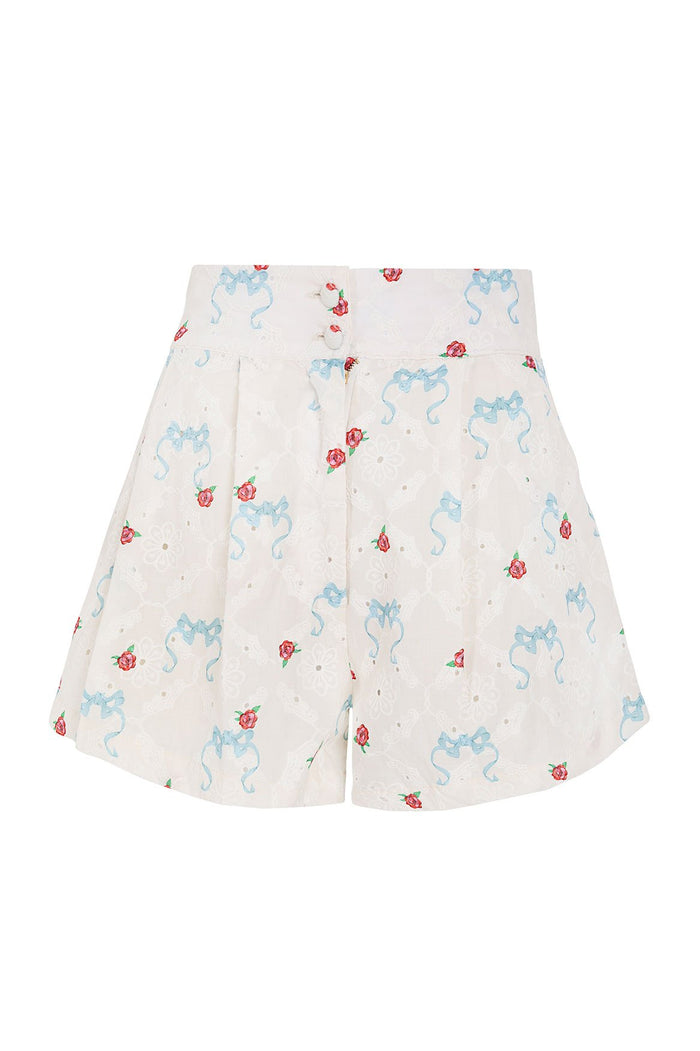 White eyelet shorts with blue ribbon bows and red rose print, high-waisted with side pockets