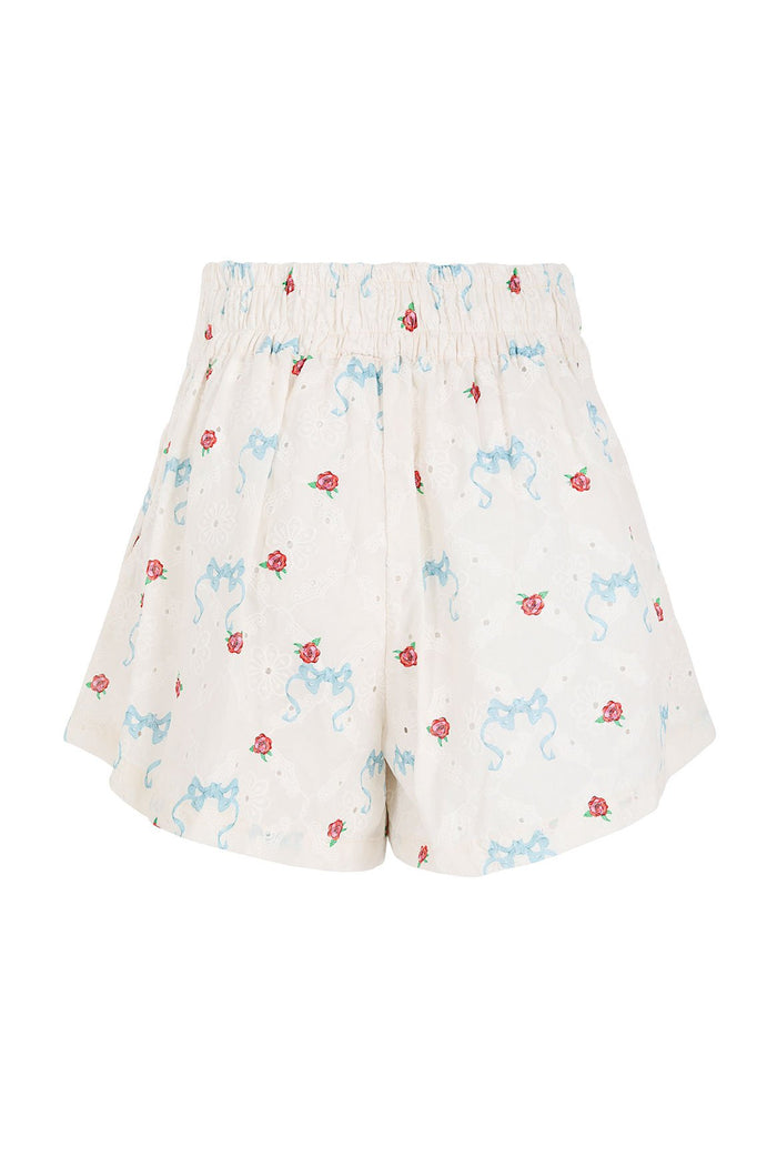 Nalia Shorts in cream eyelet fabric with scattered pink roses and blue ribbon print