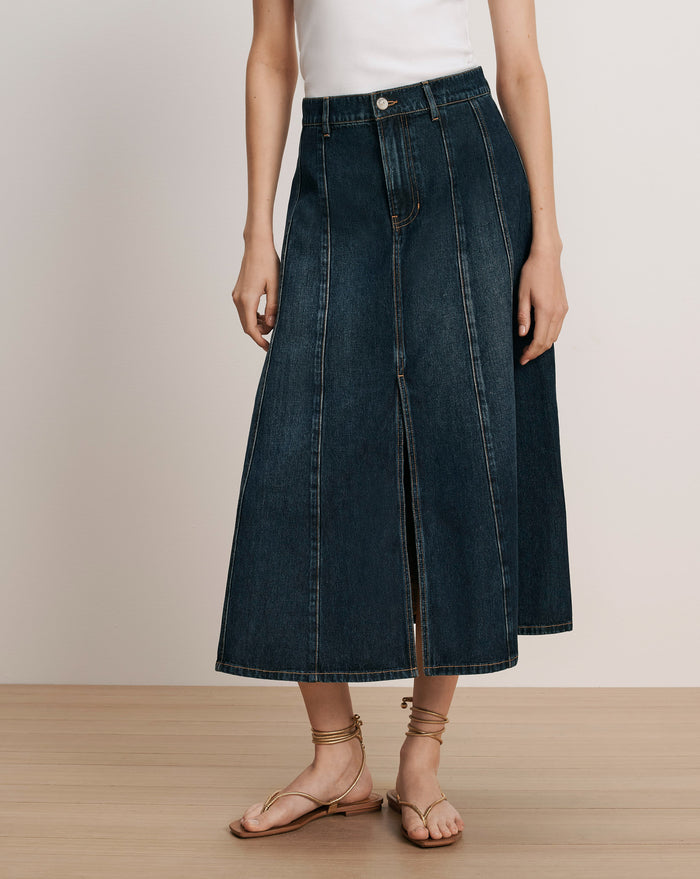 Veronica Beard Dark wash denim midi skirt with front slit.