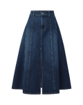Veronica Beard Blue denim A-line midi skirt with front slit.