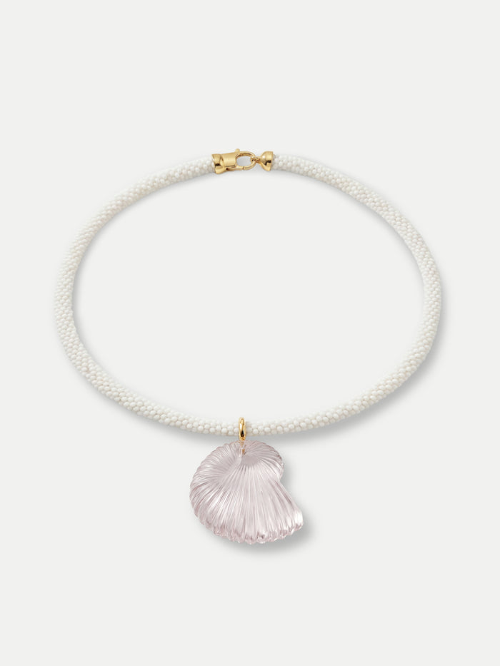 Veronica Beard White beaded necklace with a pink shell pendant.