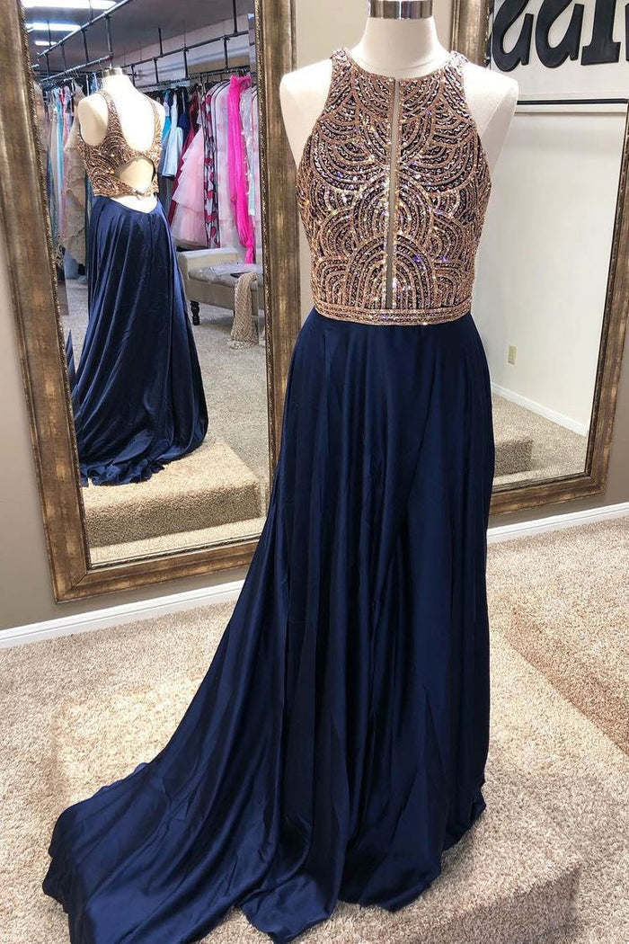Navy Blue Long Prom Dresses with Criss Cross