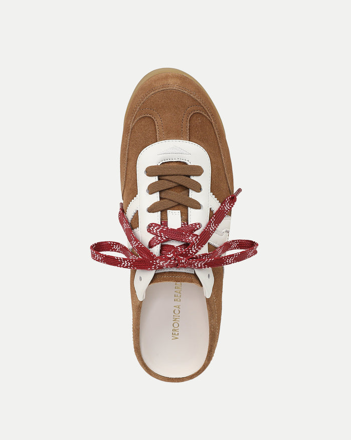 Veronica Beard Brown suede sneaker with white and red laces.