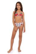 Girls' bikini set with embroidered red cherry appliqués on triangle top and white bottoms with vertical striped pattern detail print