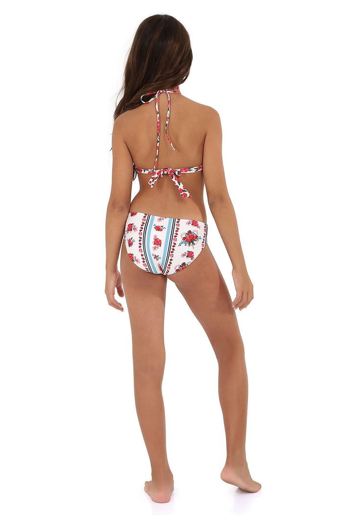 White halter bikini set with red pattern detail print and vertical stripe detail on bottoms, back view