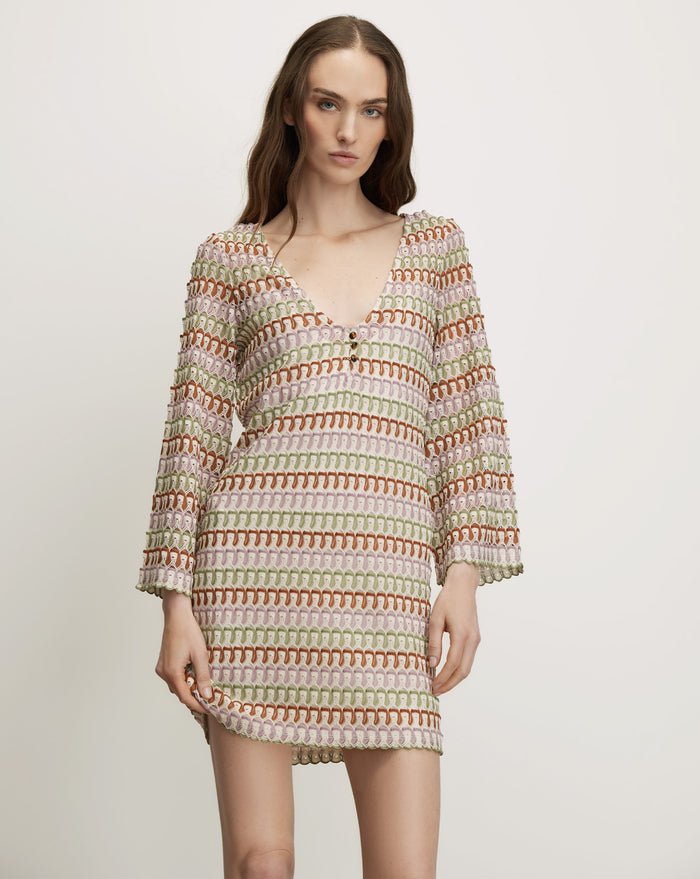 Veronica Beard Novien Crochet Mini Dress - Deep Ochre/Dove White Multi