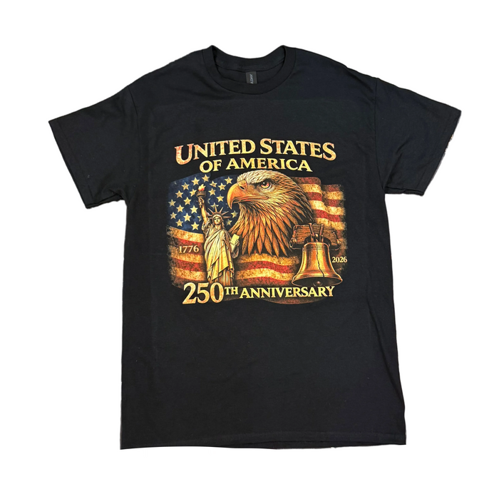 Black t-shirt with American-themed design featuring an eagle, liberty bell, and flag on a white background.