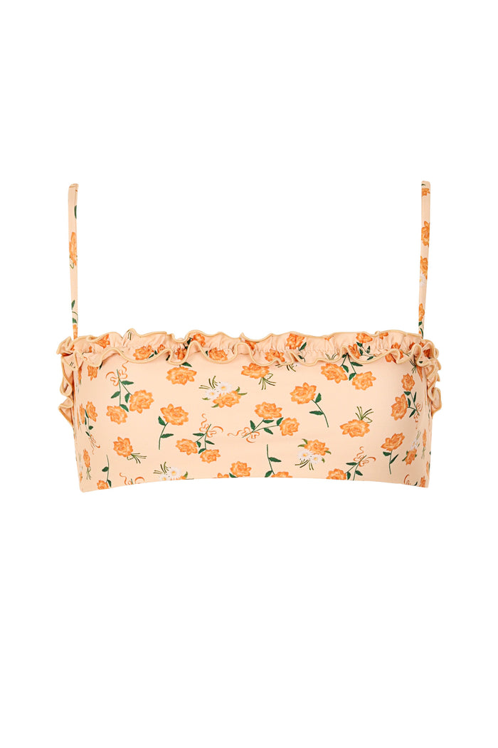 Olly bikini top in peach with orange pattern detail print, straight neckline with ruched edge detail and adjustable straps