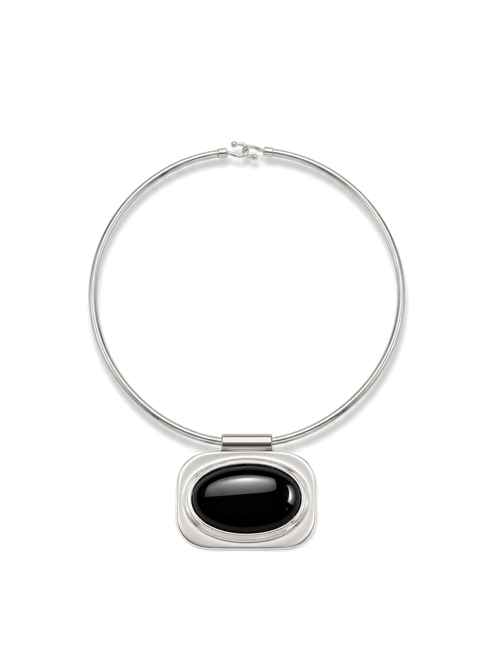 Veronica Beard Silver necklace featuring a black oval stone pendant.