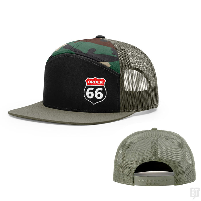Seven-Panel Trucker Flatbill / Black and Camo and Loden / One Size