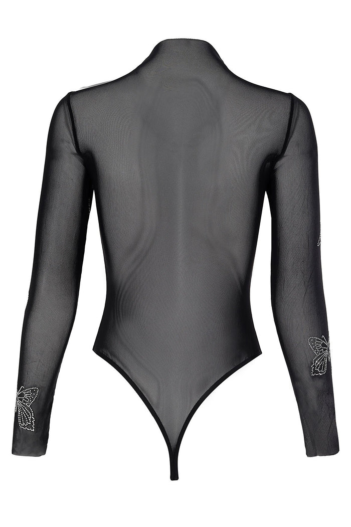 Black sheer bodysuit with long sleeves and rhinestone butterfly embellishments on sleeves, back view